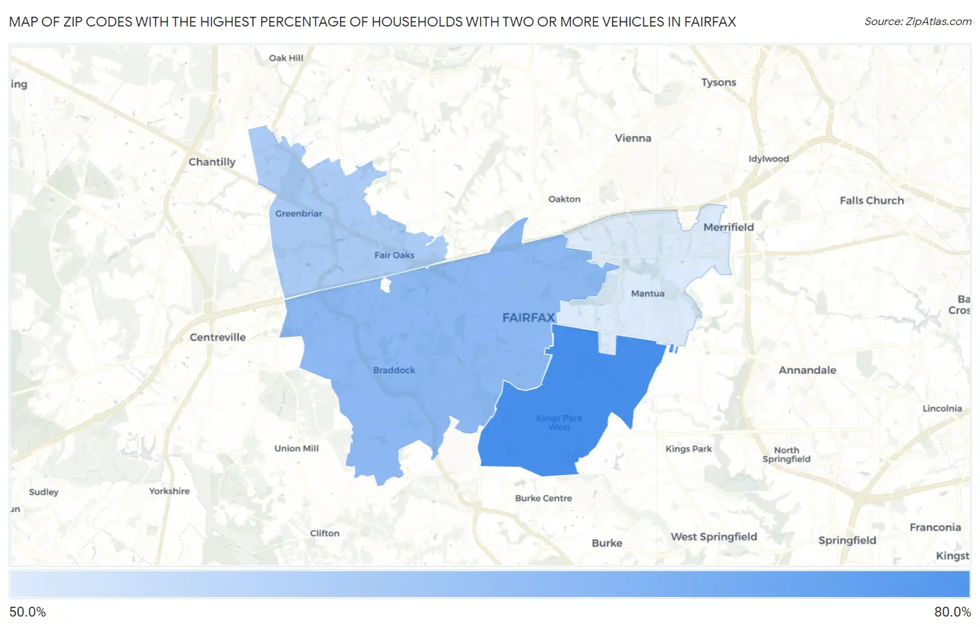 Zip Codes with the Highest Percentage of Households With Two or more Vehicles in Fairfax Map