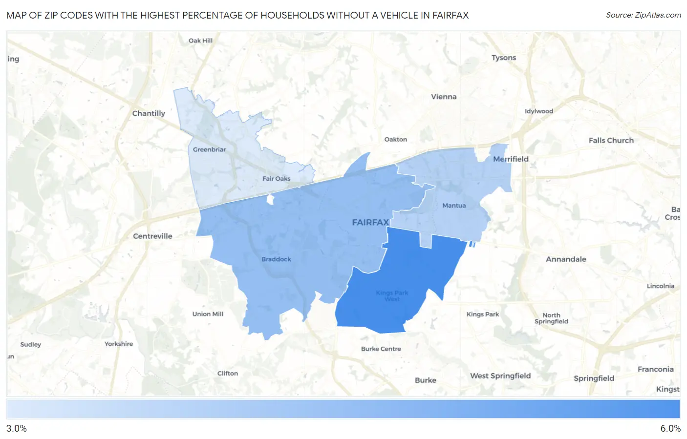 Zip Codes with the Highest Percentage of Households Without a Vehicle in Fairfax Map