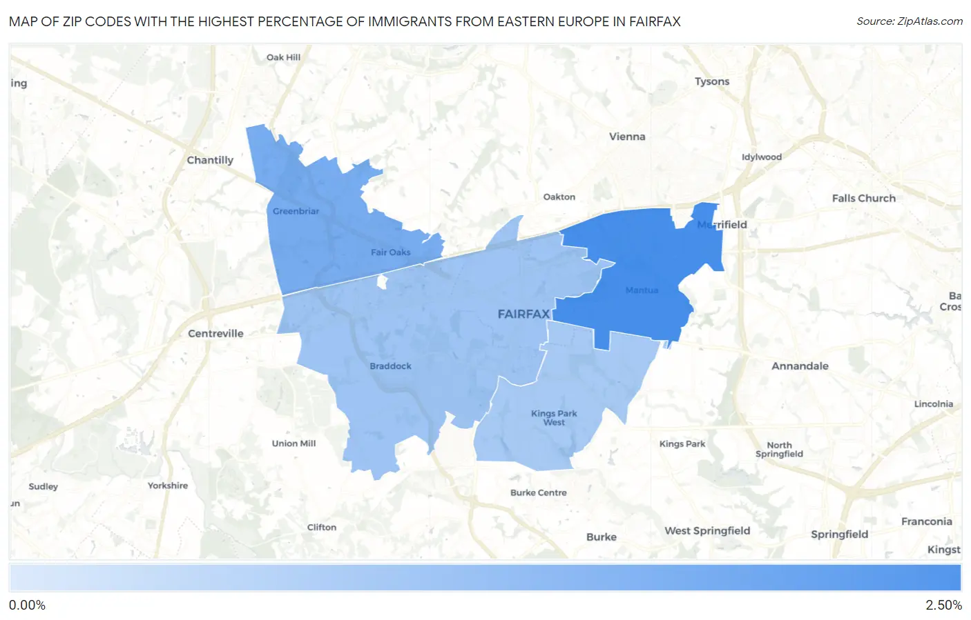 Zip Codes with the Highest Percentage of Immigrants from Eastern Europe in Fairfax Map