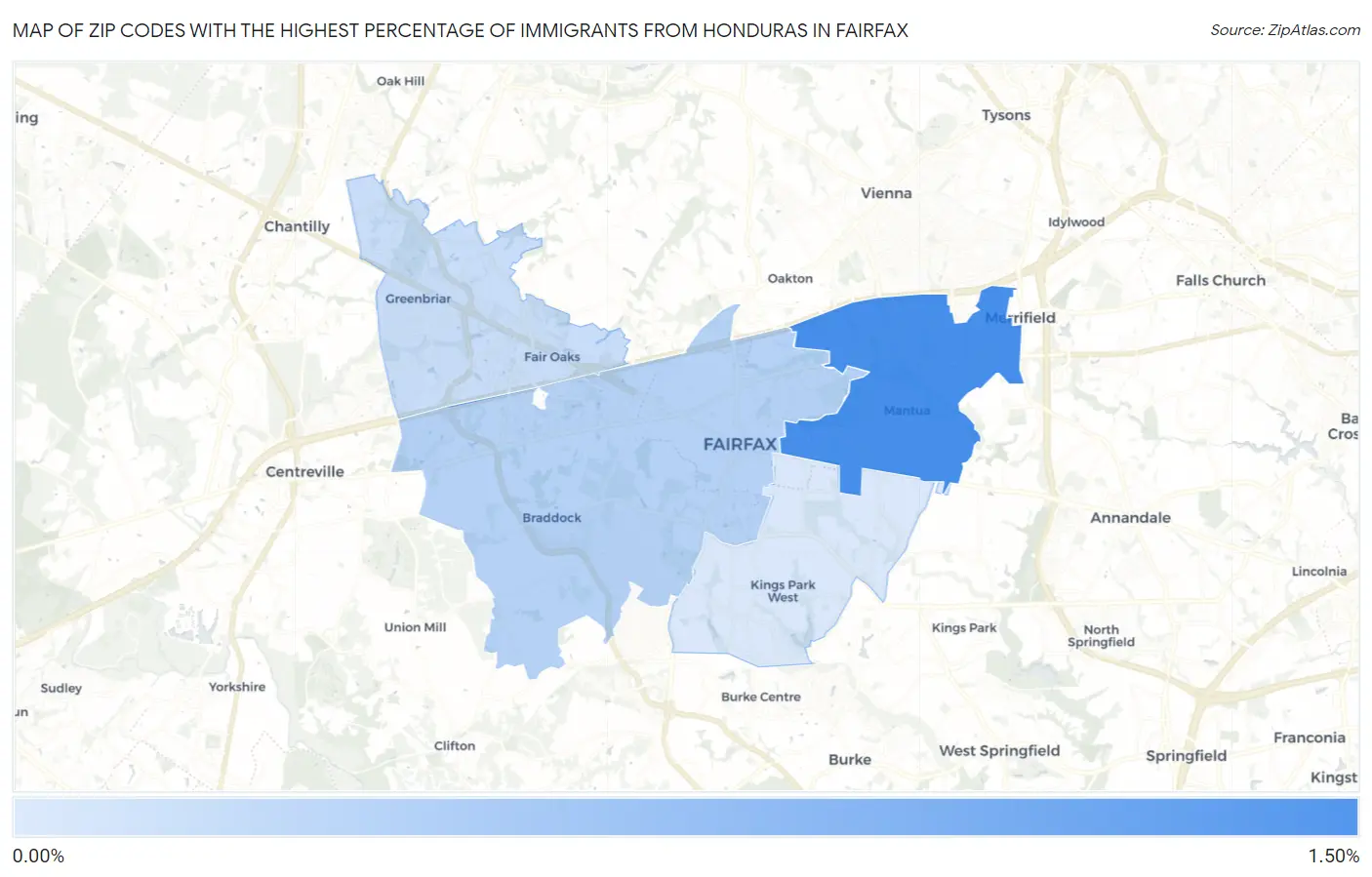 Zip Codes with the Highest Percentage of Immigrants from Honduras in Fairfax Map