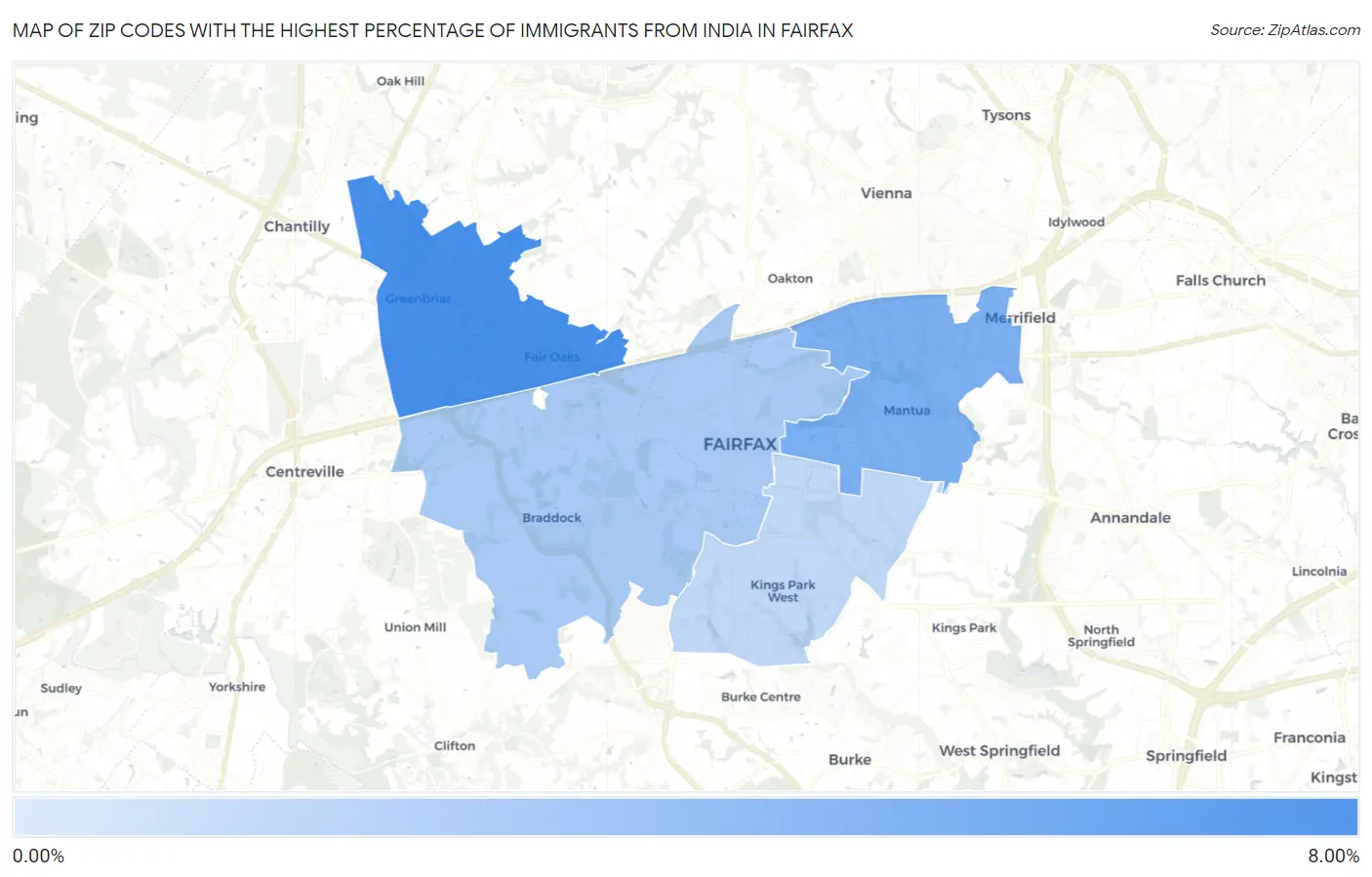 Zip Codes with the Highest Percentage of Immigrants from India in Fairfax Map