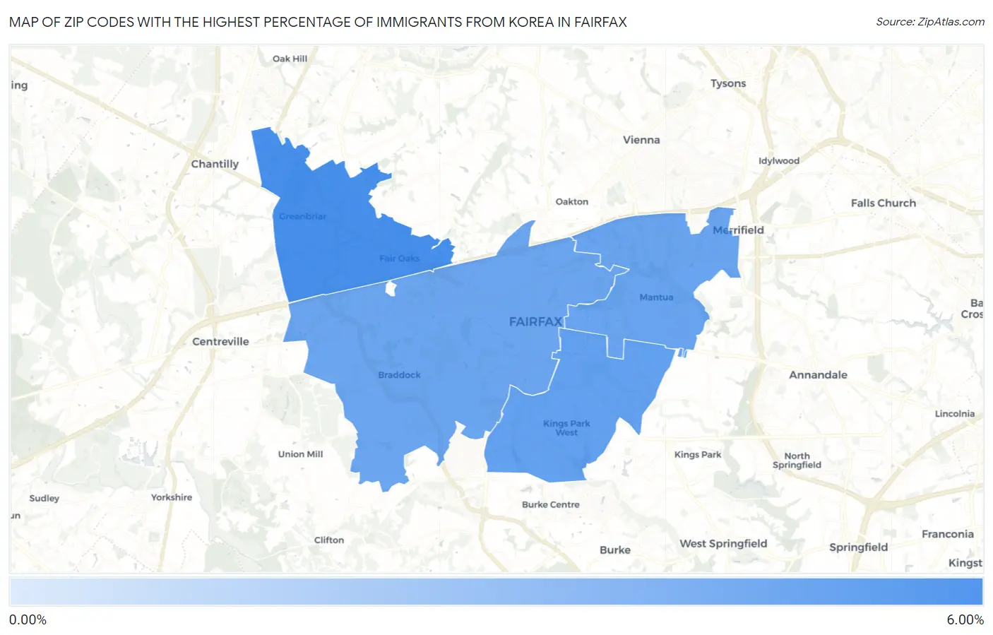 Zip Codes with the Highest Percentage of Immigrants from Korea in Fairfax Map