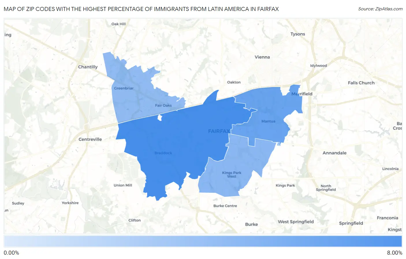 Zip Codes with the Highest Percentage of Immigrants from Latin America in Fairfax Map