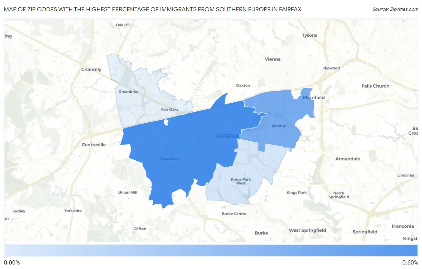 Zip Codes with the Highest Percentage of Immigrants from Southern Europe in Fairfax Map