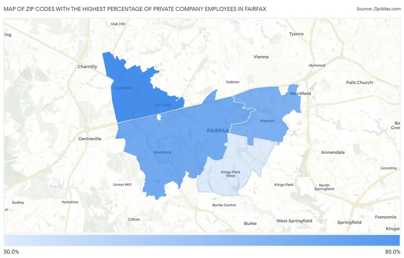 Zip Codes with the Highest Percentage of Private Company Employees in Fairfax Map