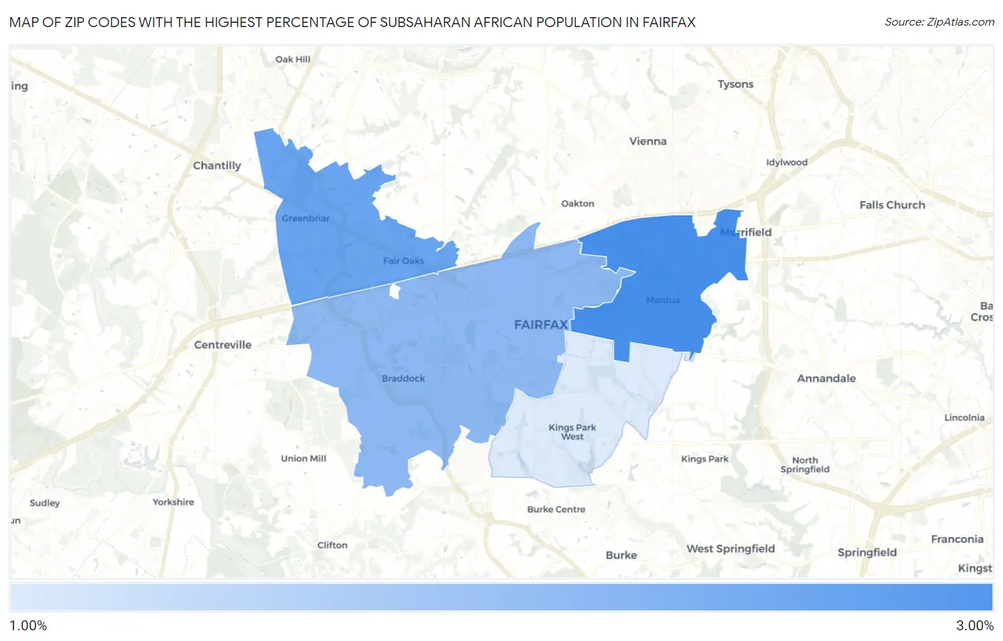 Zip Codes with the Highest Percentage of Subsaharan African Population in Fairfax Map
