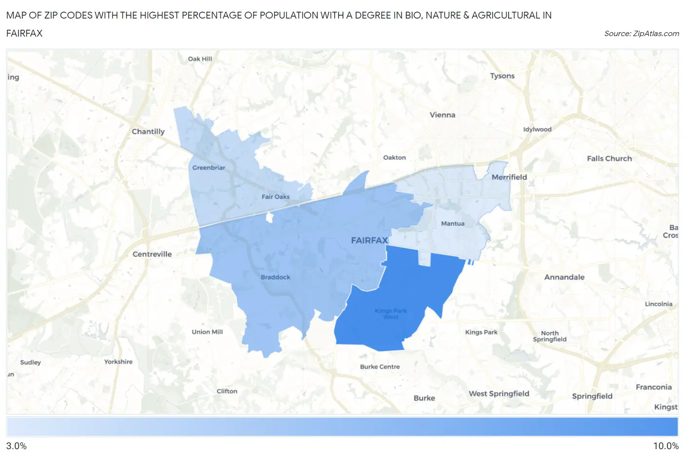 Zip Codes with the Highest Percentage of Population with a Degree in Bio, Nature & Agricultural in Fairfax Map