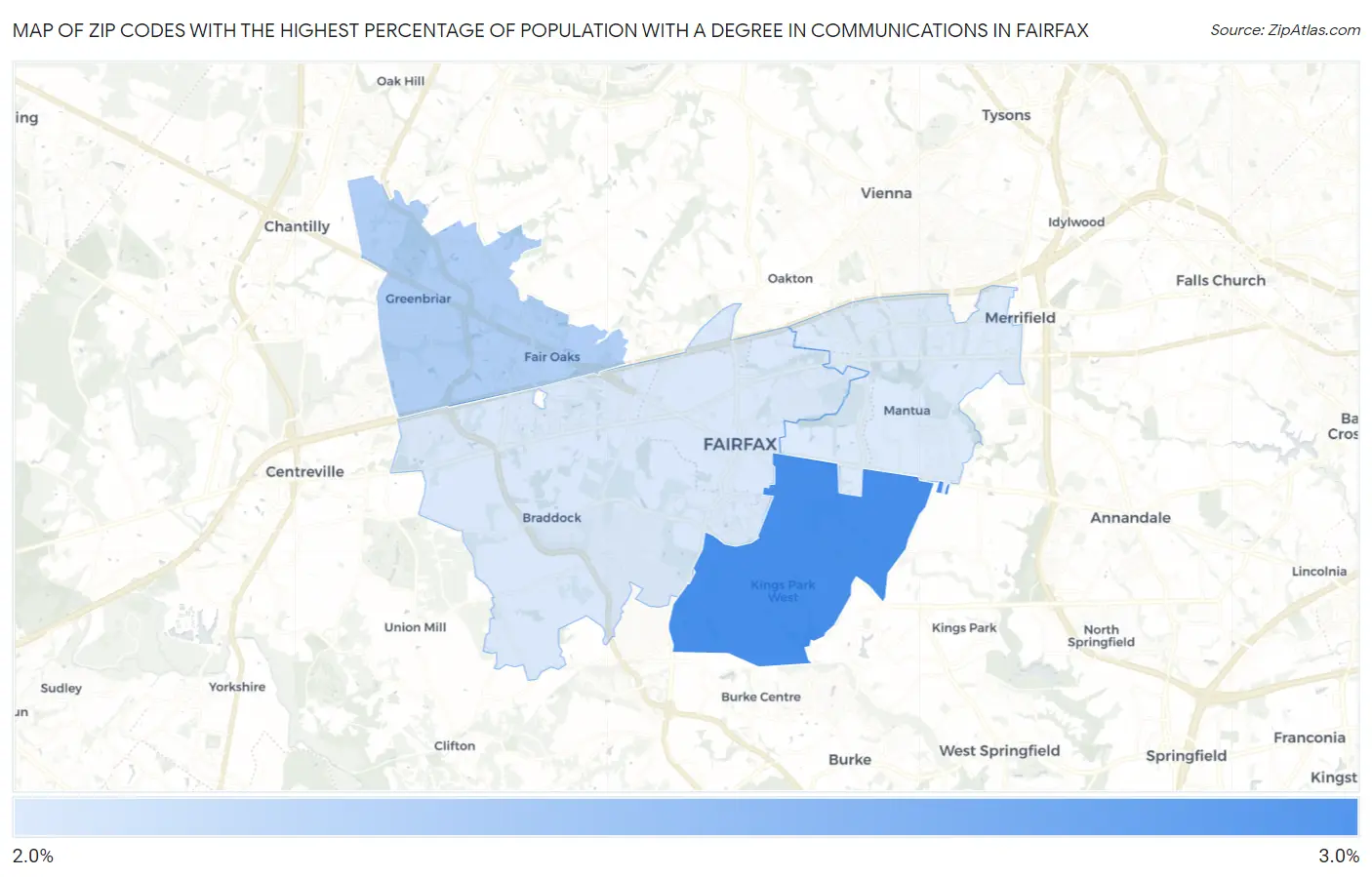 Zip Codes with the Highest Percentage of Population with a Degree in Communications in Fairfax Map