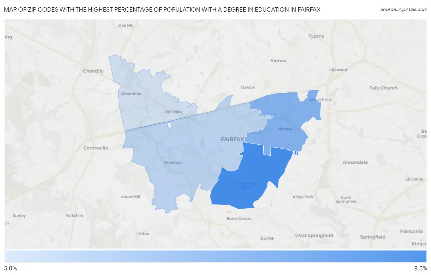 Zip Codes with the Highest Percentage of Population with a Degree in Education in Fairfax Map