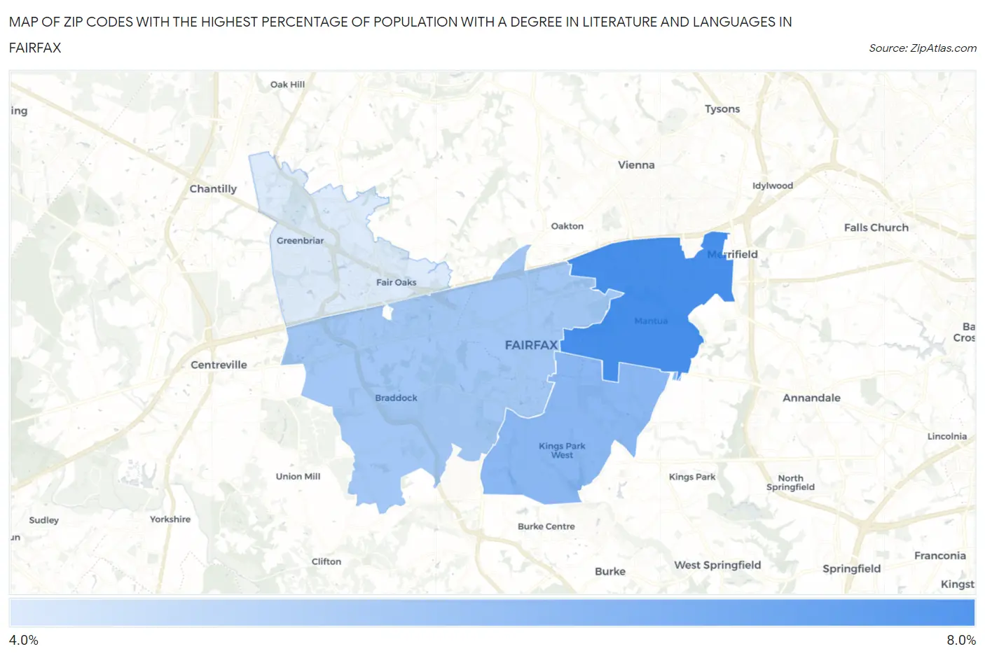 Zip Codes with the Highest Percentage of Population with a Degree in Literature and Languages in Fairfax Map