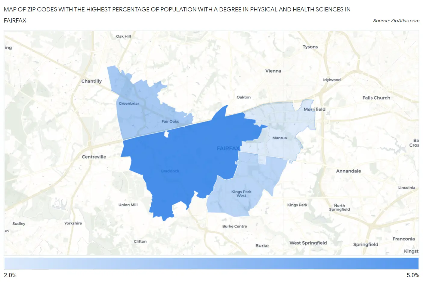 Zip Codes with the Highest Percentage of Population with a Degree in Physical and Health Sciences in Fairfax Map