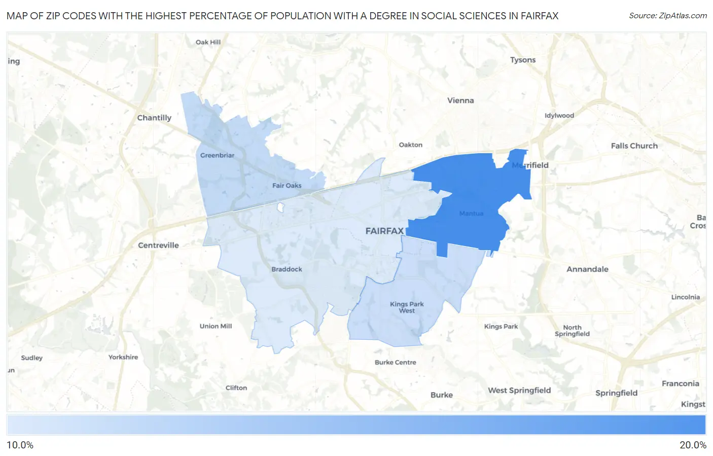 Zip Codes with the Highest Percentage of Population with a Degree in Social Sciences in Fairfax Map