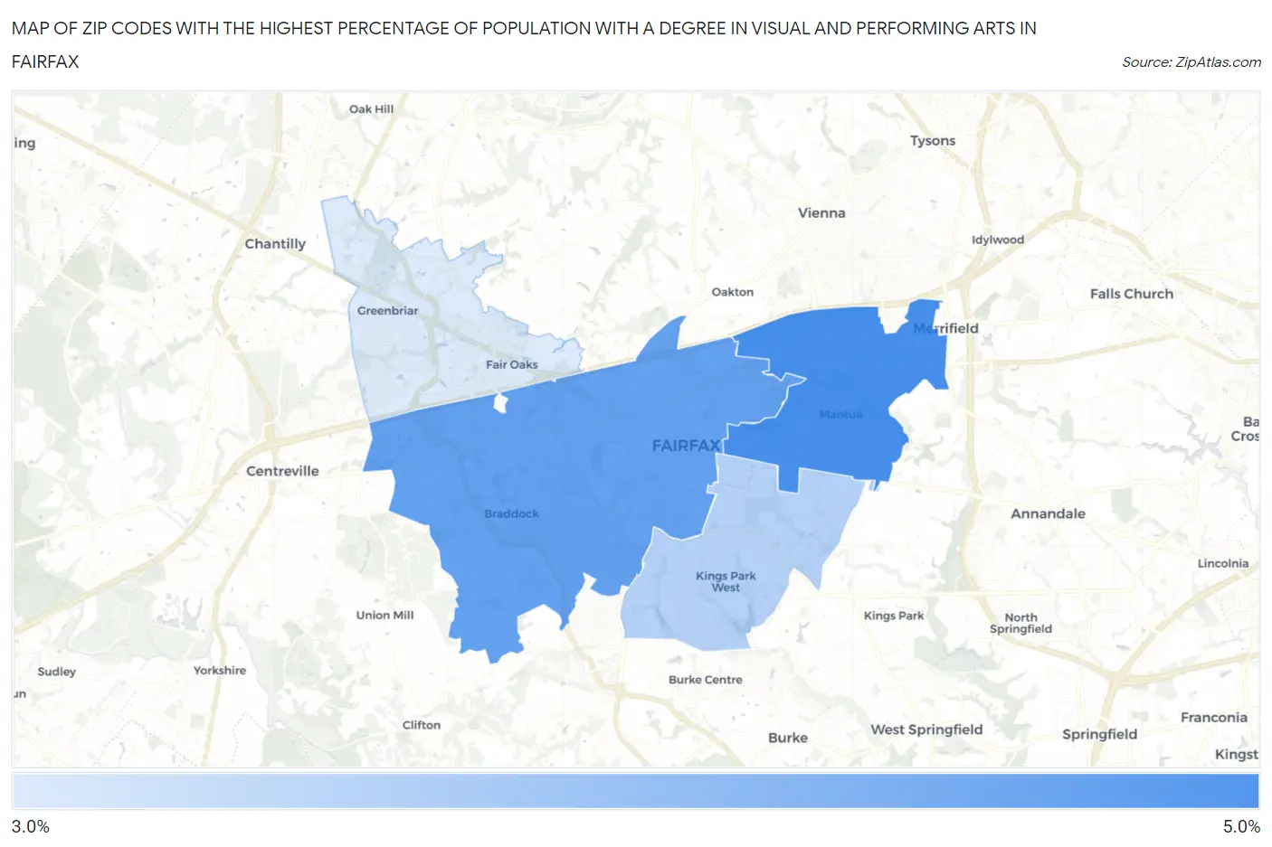 Zip Codes with the Highest Percentage of Population with a Degree in Visual and Performing Arts in Fairfax Map