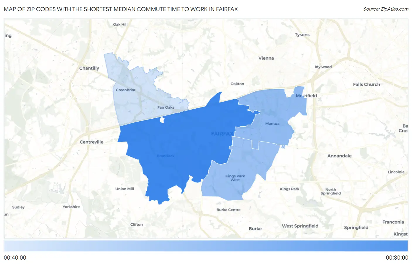 Zip Codes with the Shortest Median Commute Time to Work in Fairfax Map
