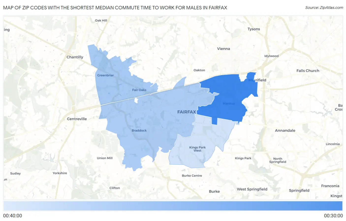 Zip Codes with the Shortest Median Commute Time to Work for Males in Fairfax Map