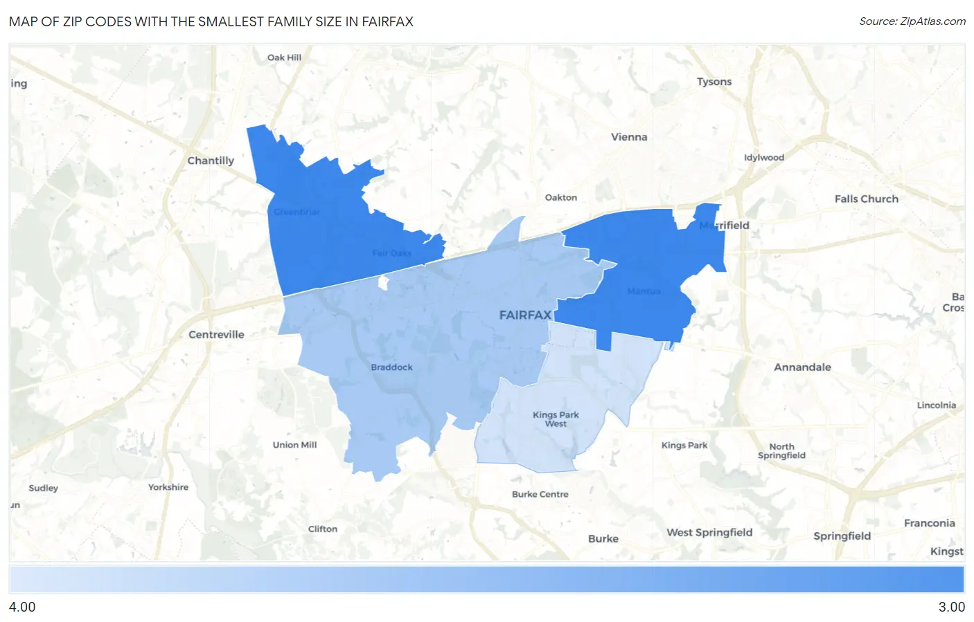 Zip Codes with the Smallest Family Size in Fairfax Map