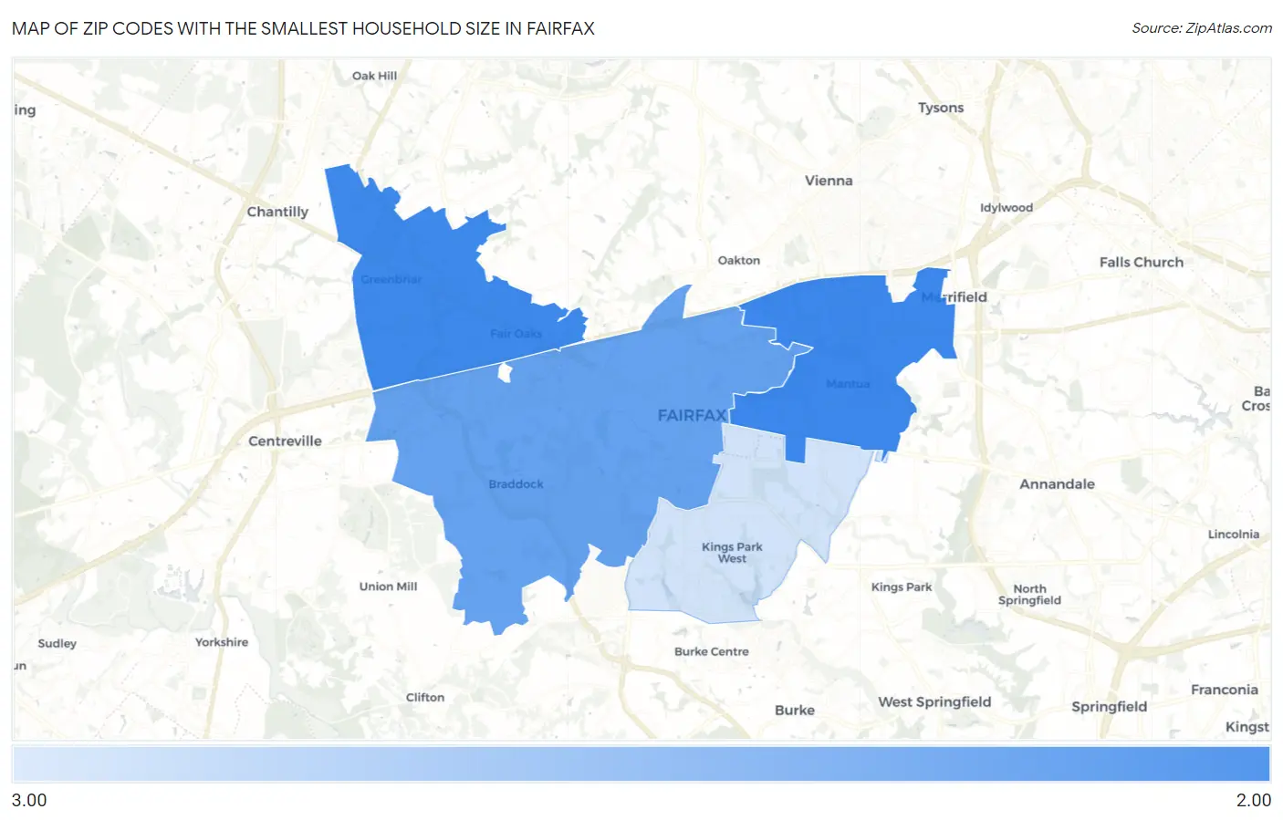 Zip Codes with the Smallest Household Size in Fairfax Map
