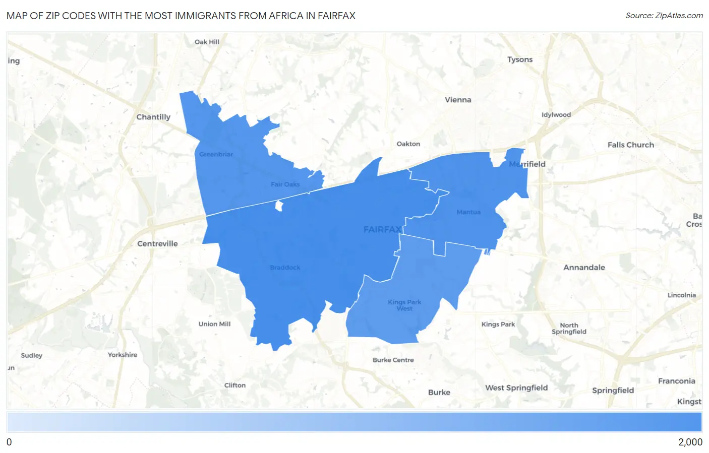 Zip Codes with the Most Immigrants from Africa in Fairfax Map