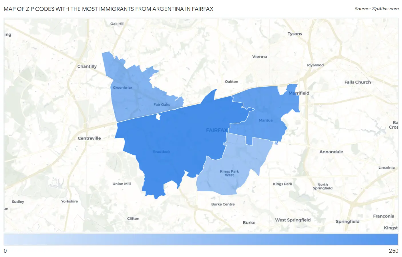 Zip Codes with the Most Immigrants from Argentina in Fairfax Map