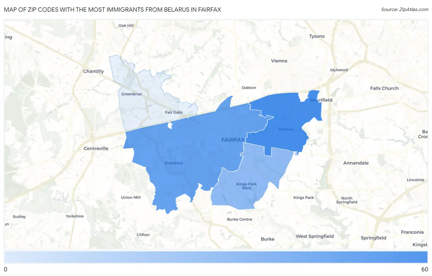 Zip Codes with the Most Immigrants from Belarus in Fairfax Map