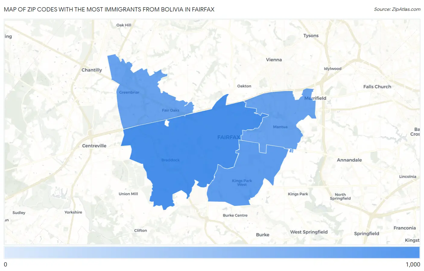 Zip Codes with the Most Immigrants from Bolivia in Fairfax Map