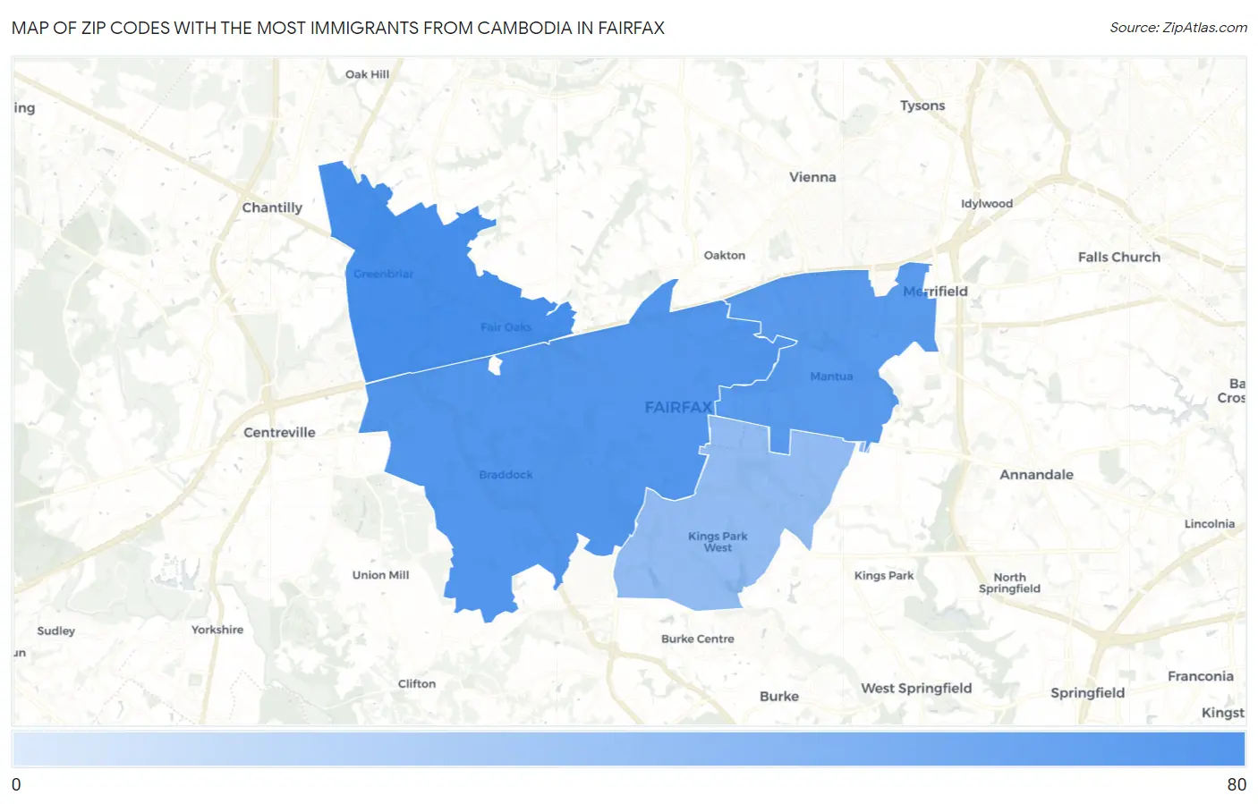 Zip Codes with the Most Immigrants from Cambodia in Fairfax Map