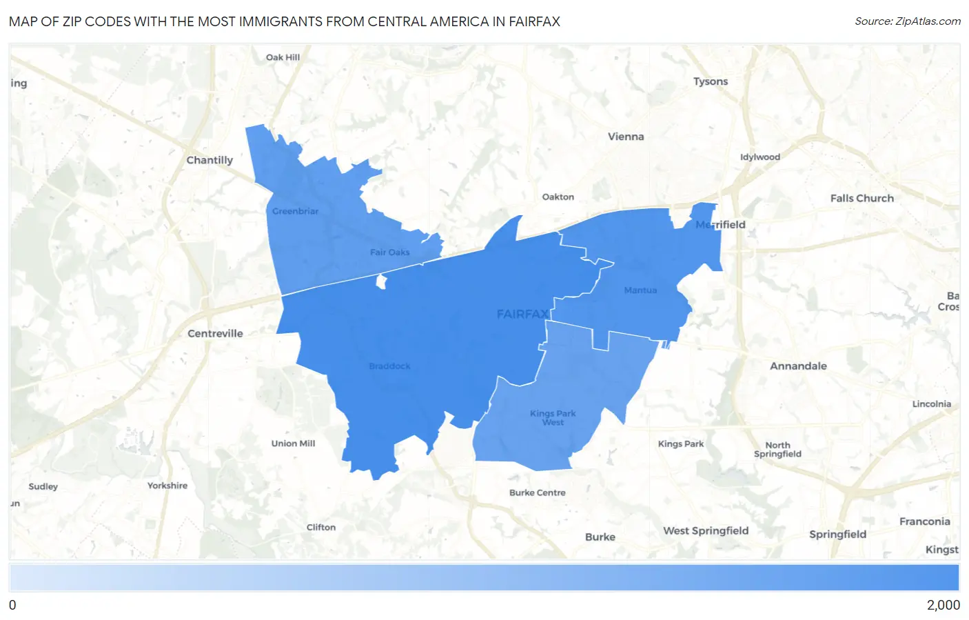 Zip Codes with the Most Immigrants from Central America in Fairfax Map