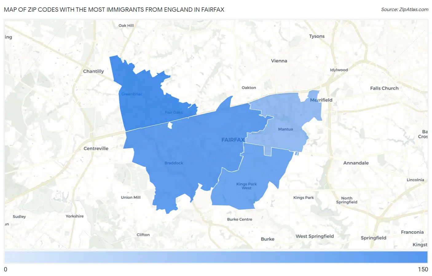 Zip Codes with the Most Immigrants from England in Fairfax Map