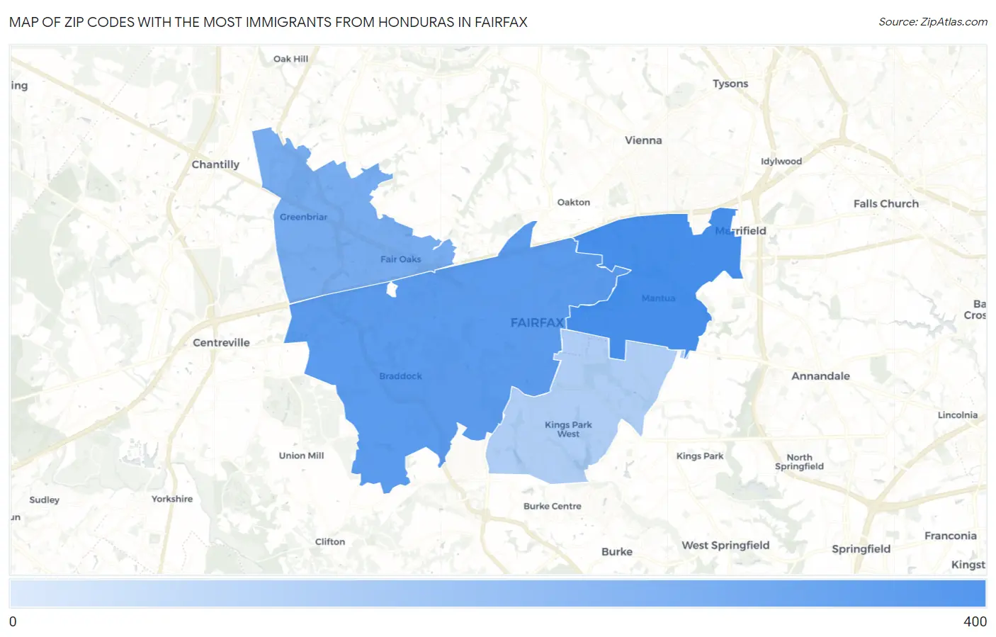 Zip Codes with the Most Immigrants from Honduras in Fairfax Map