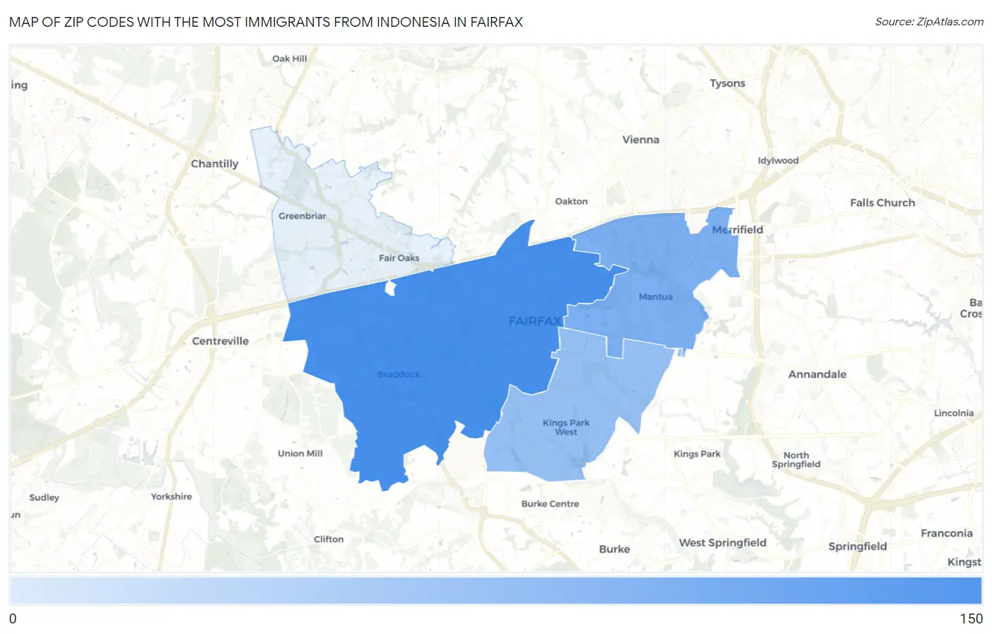 Zip Codes with the Most Immigrants from Indonesia in Fairfax Map