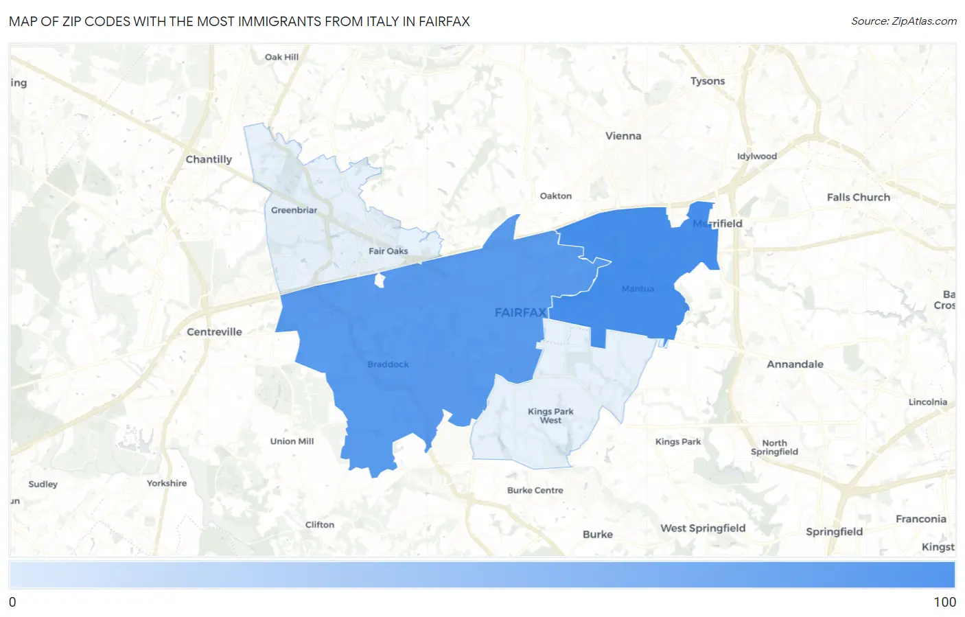 Zip Codes with the Most Immigrants from Italy in Fairfax Map