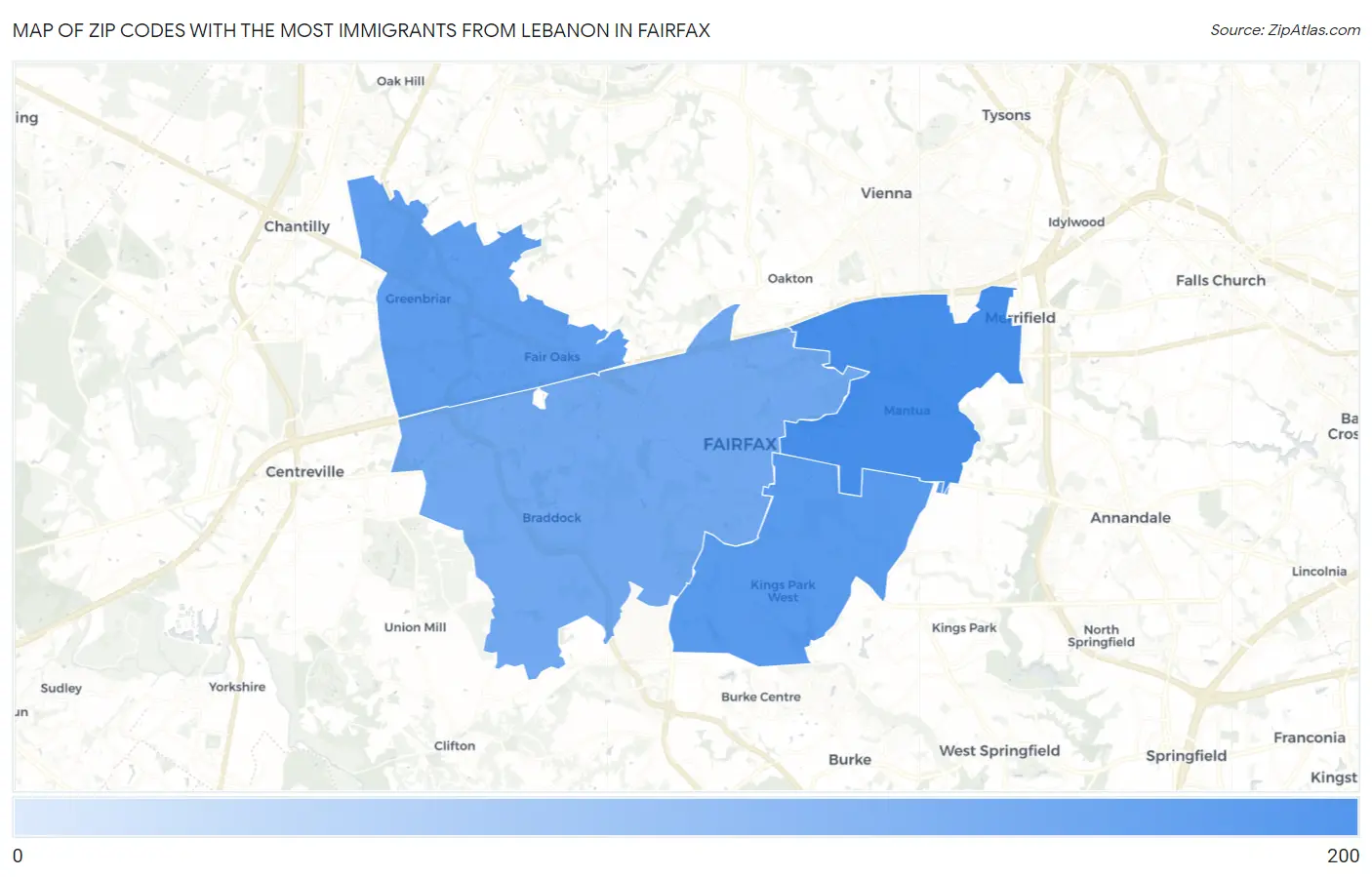 Zip Codes with the Most Immigrants from Lebanon in Fairfax Map