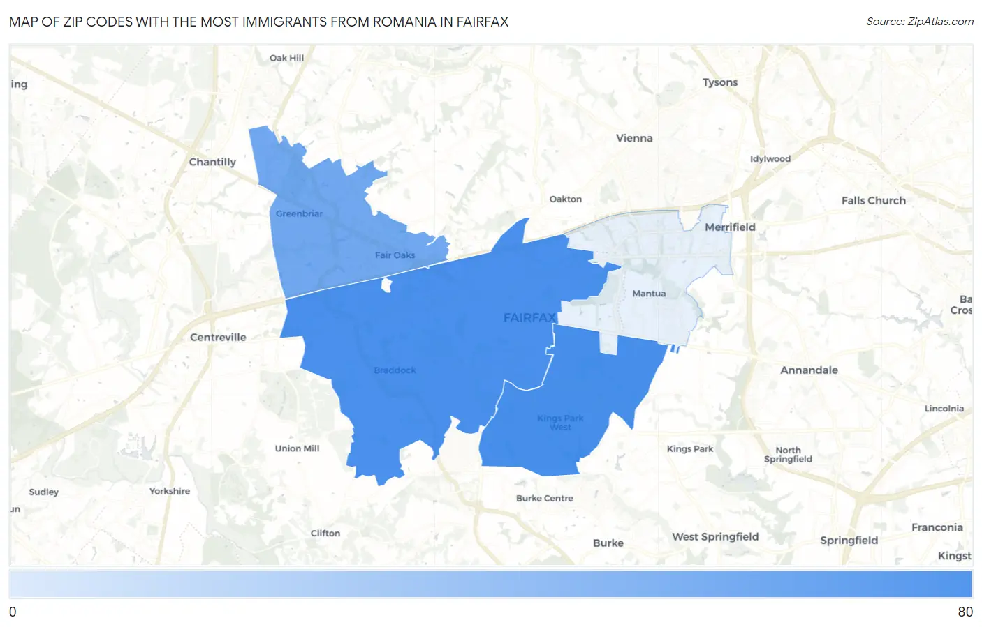 Zip Codes with the Most Immigrants from Romania in Fairfax Map