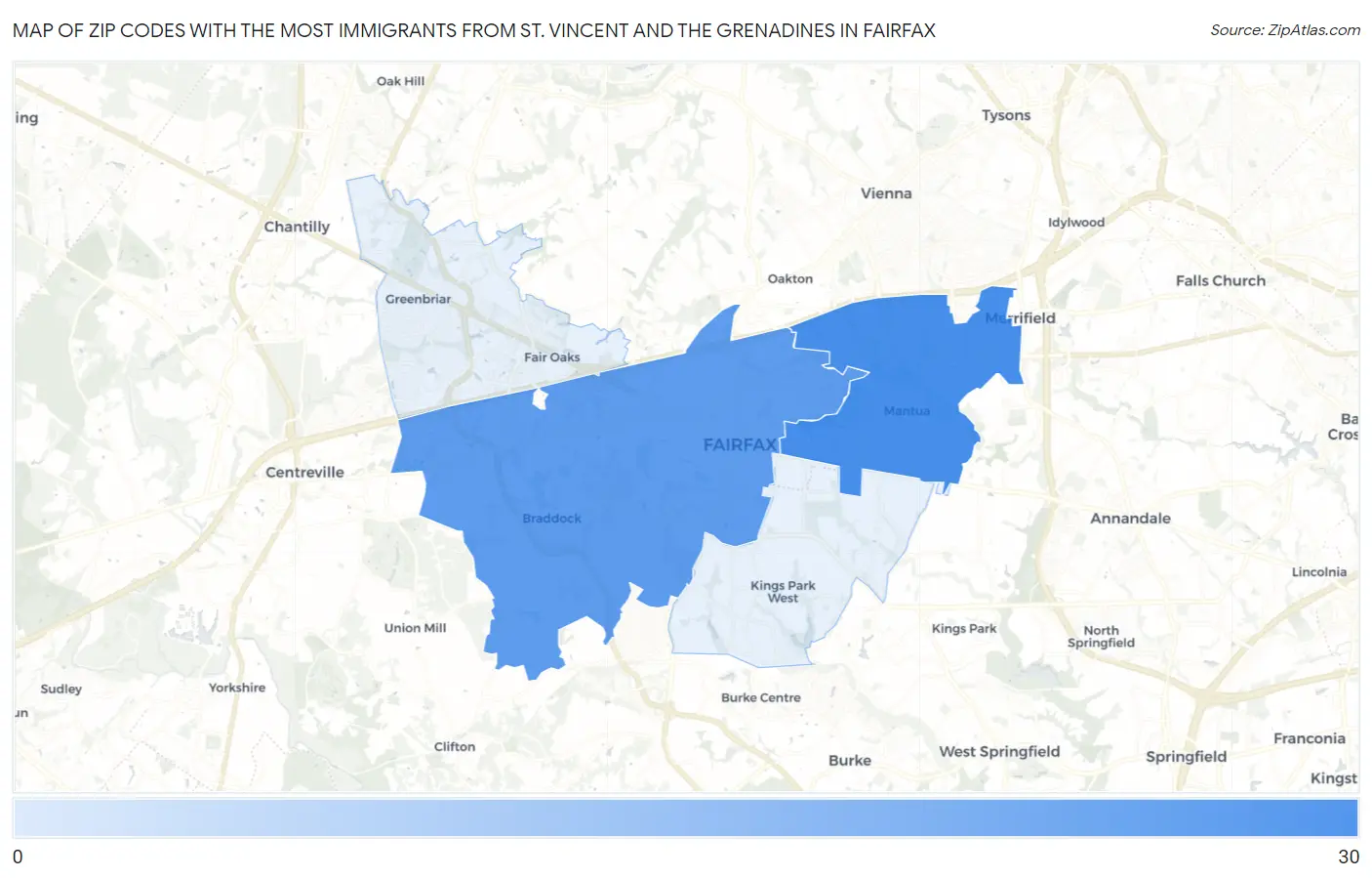 Zip Codes with the Most Immigrants from St. Vincent and the Grenadines in Fairfax Map