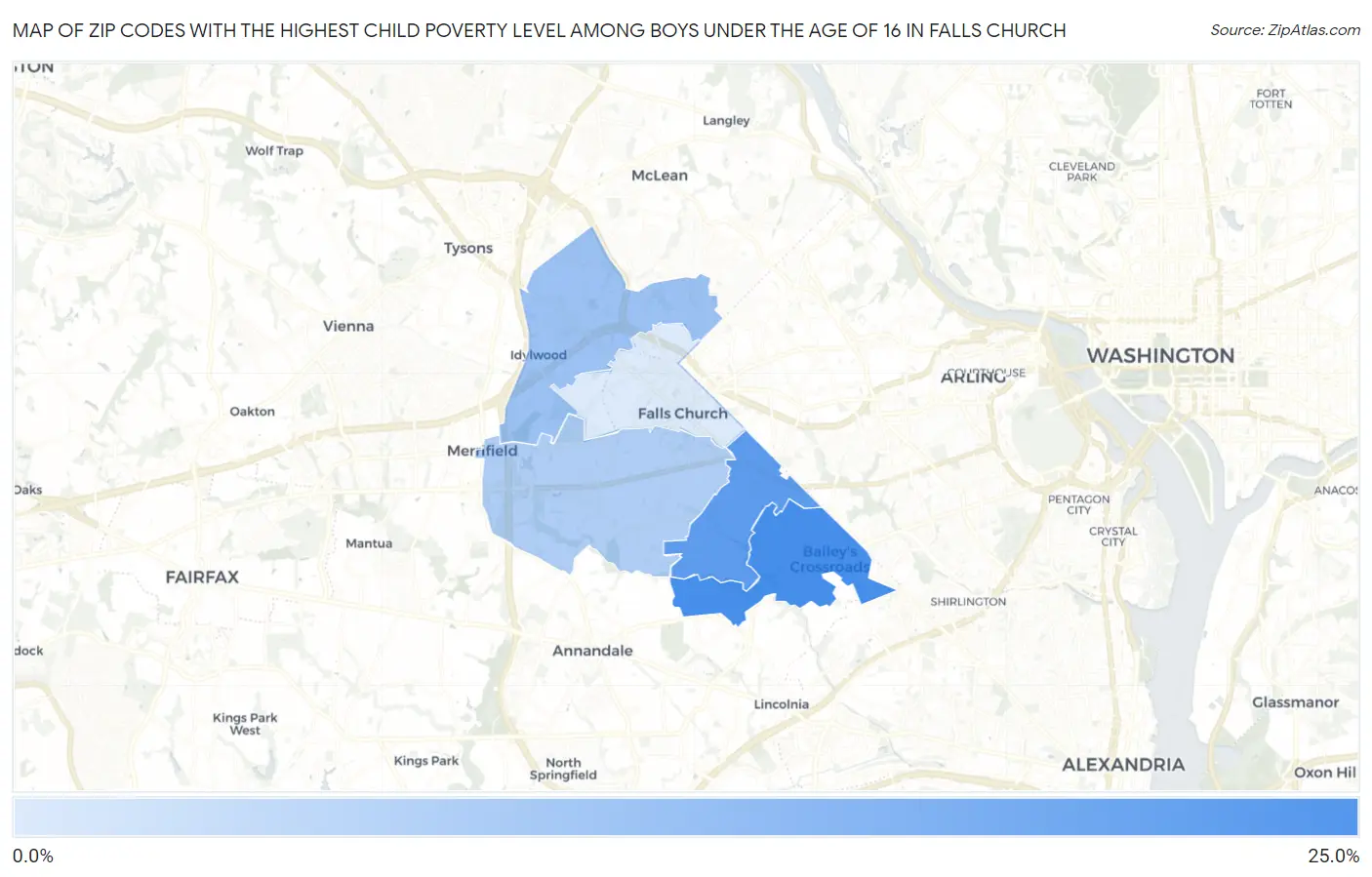 Zip Codes with the Highest Child Poverty Level Among Boys Under the Age of 16 in Falls Church Map