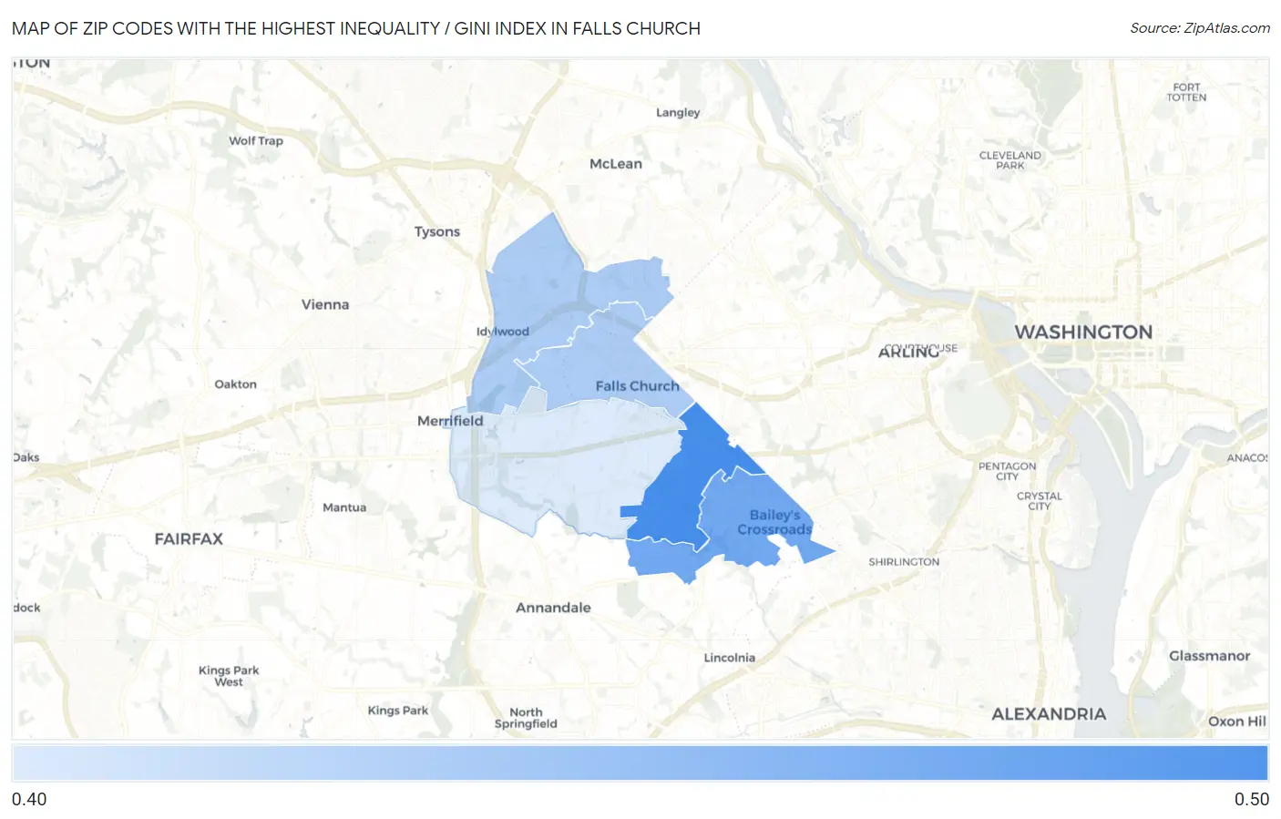 Zip Codes with the Highest Inequality / Gini Index in Falls Church Map