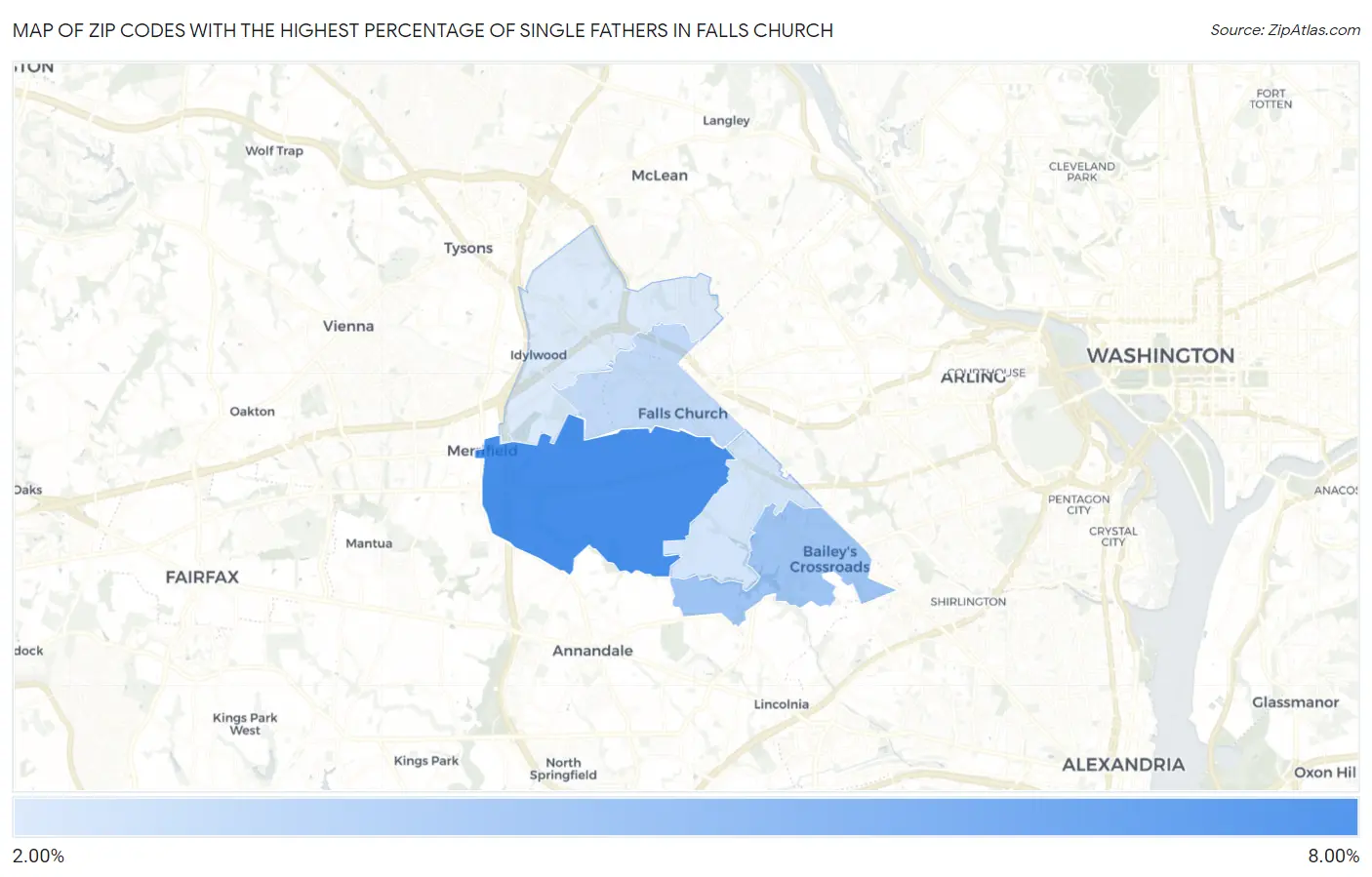 Zip Codes with the Highest Percentage of Single Fathers in Falls Church Map