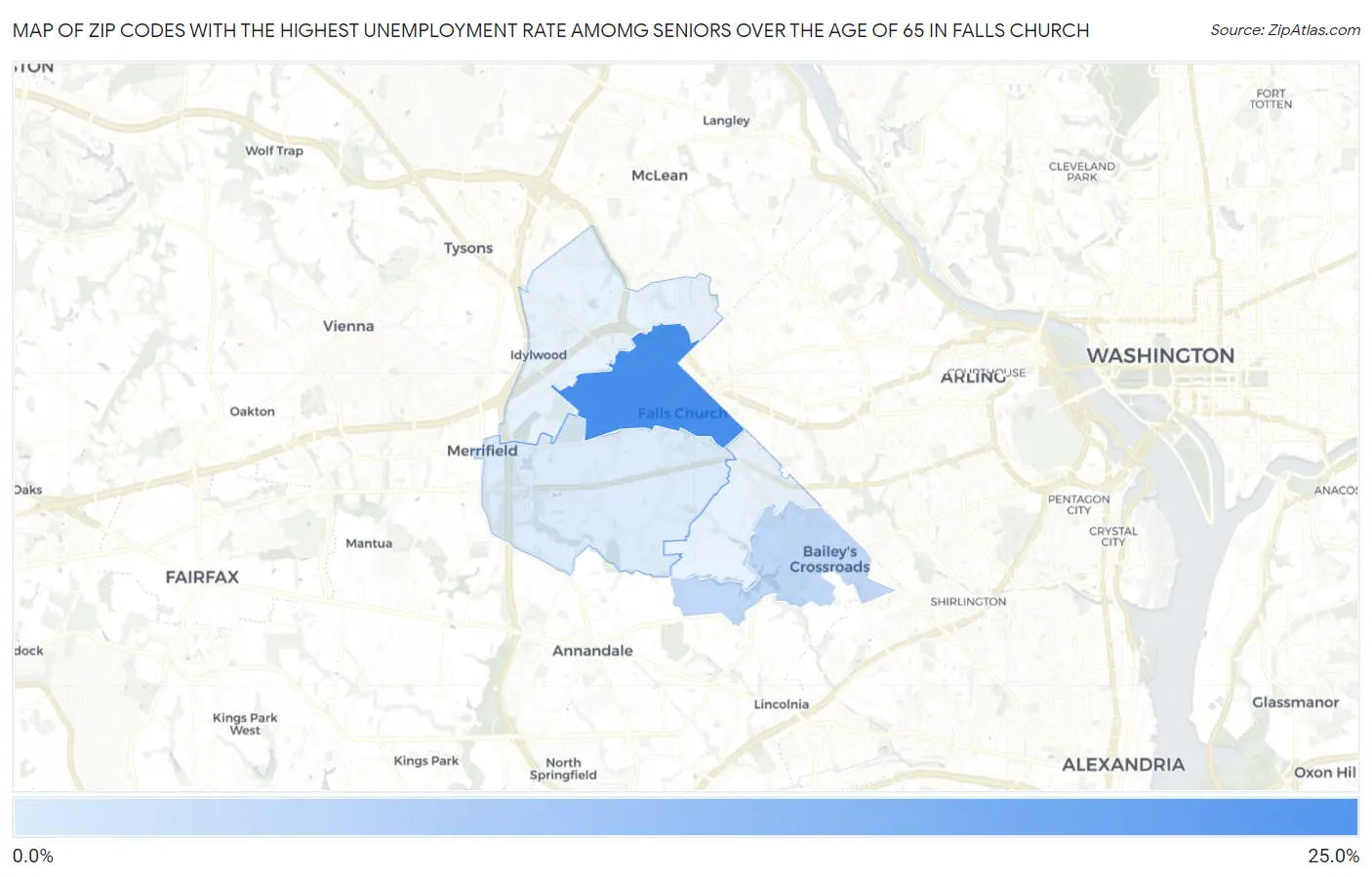 Zip Codes with the Highest Unemployment Rate Amomg Seniors Over the Age of 65 in Falls Church Map