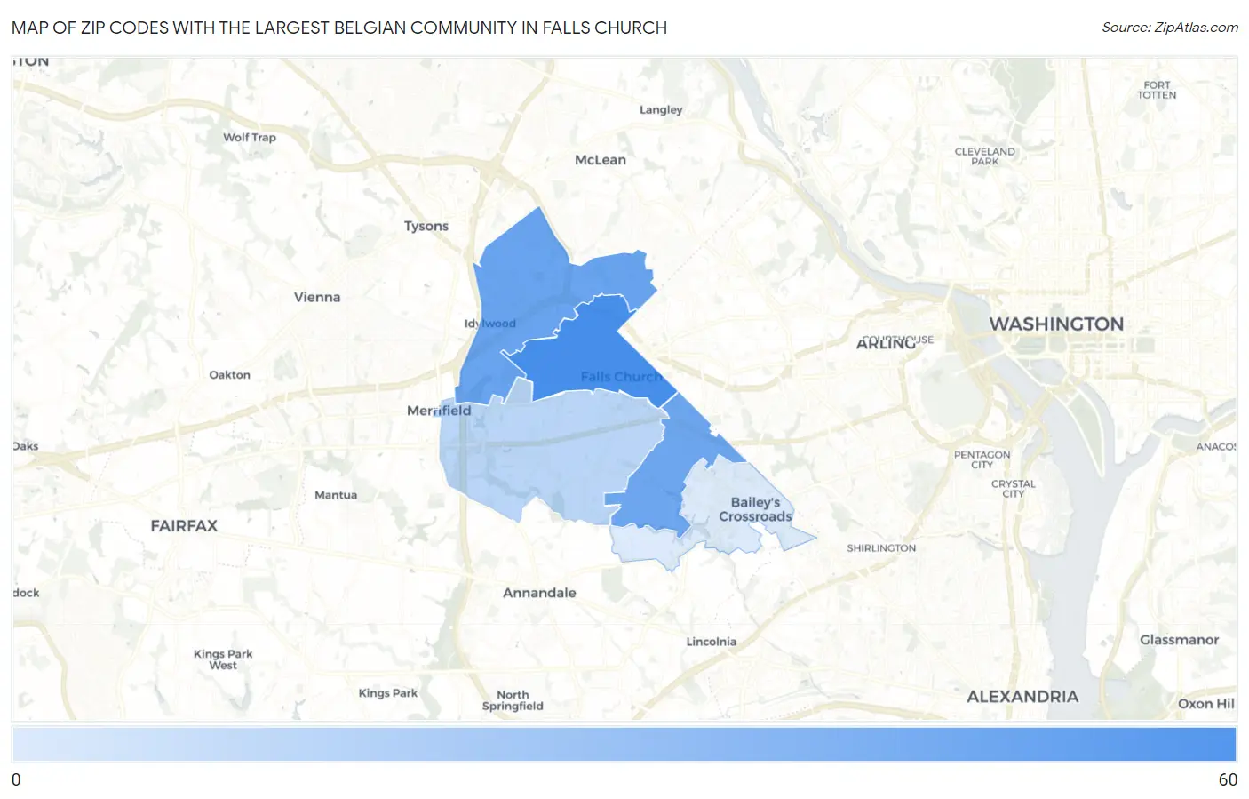 Zip Codes with the Largest Belgian Community in Falls Church Map
