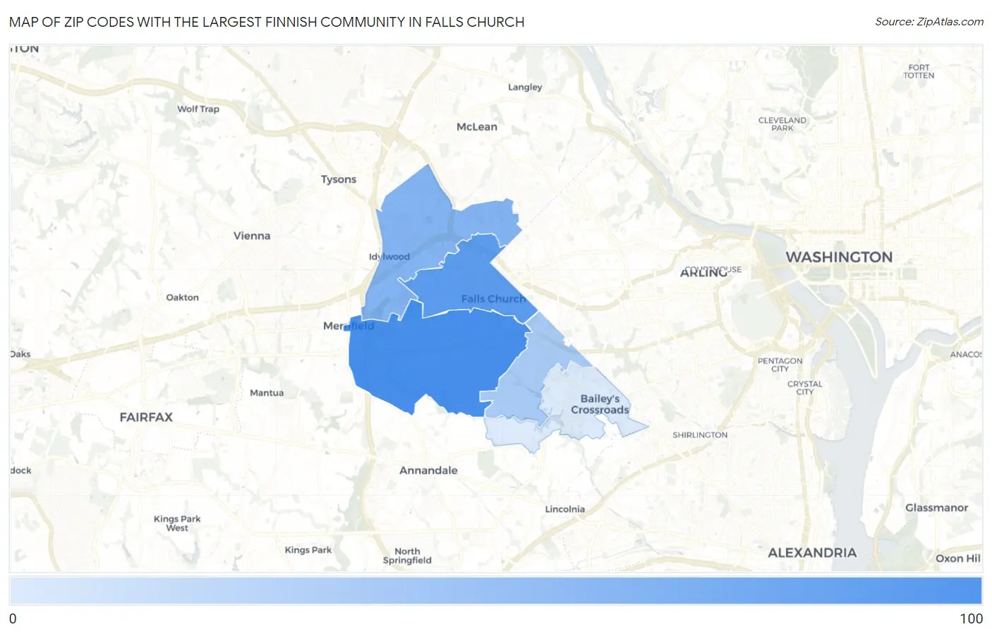 Zip Codes with the Largest Finnish Community in Falls Church Map