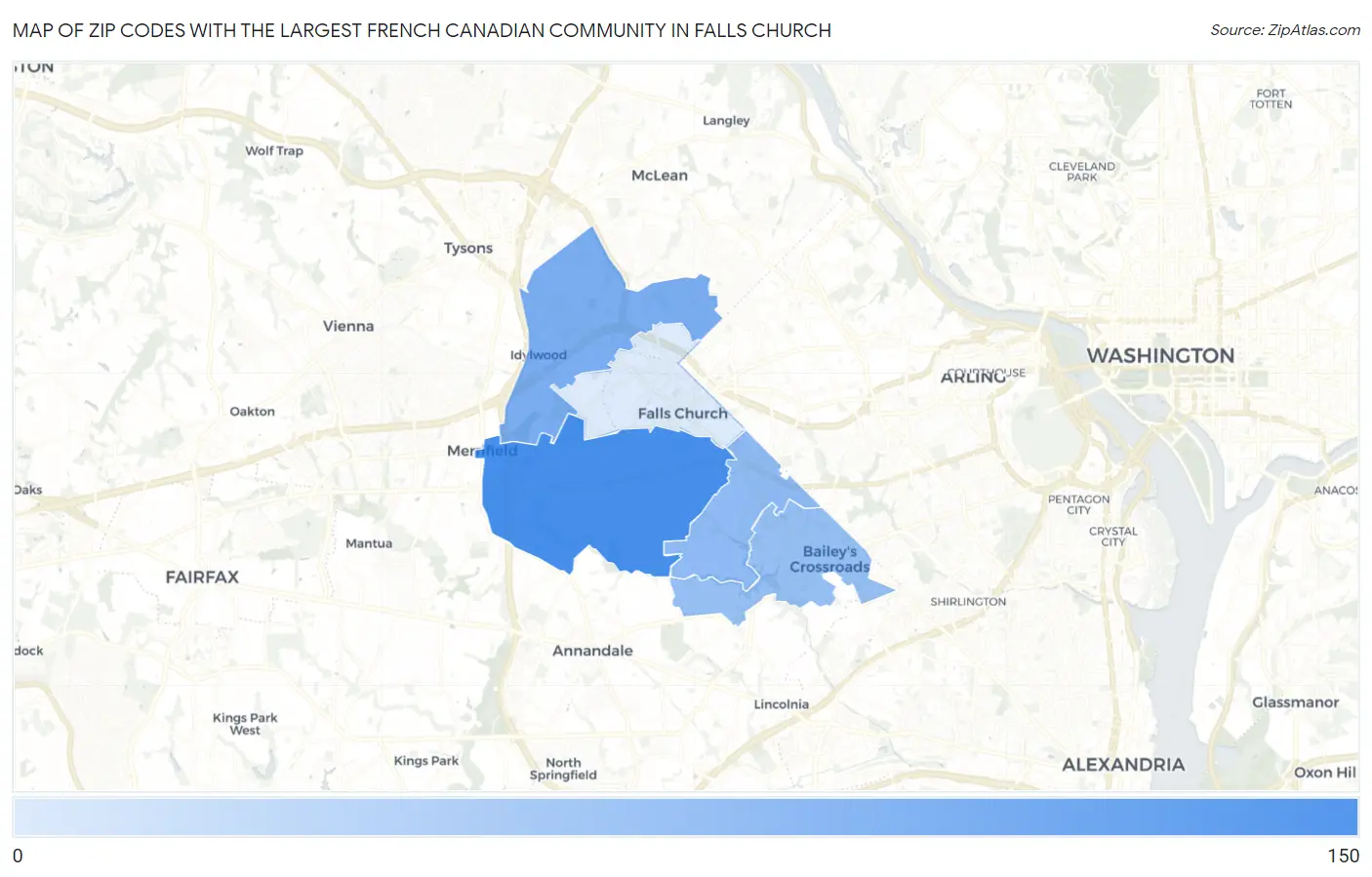 Zip Codes with the Largest French Canadian Community in Falls Church Map