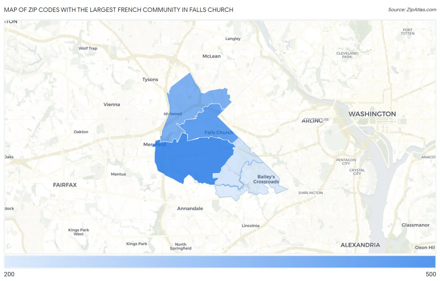 Zip Codes with the Largest French Community in Falls Church Map