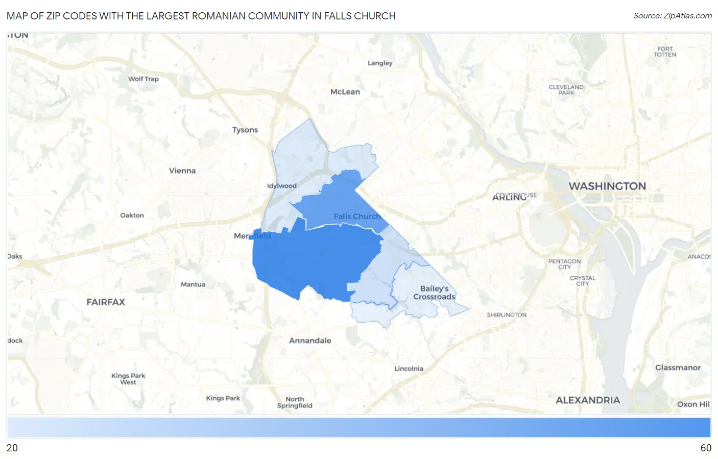 Zip Codes with the Largest Romanian Community in Falls Church Map