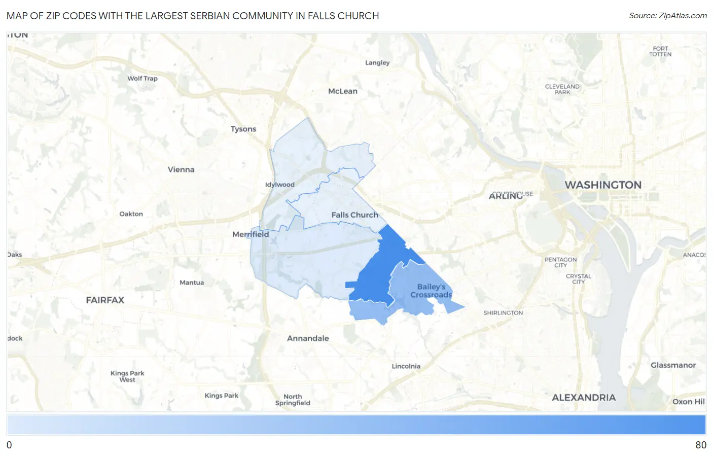 Zip Codes with the Largest Serbian Community in Falls Church Map