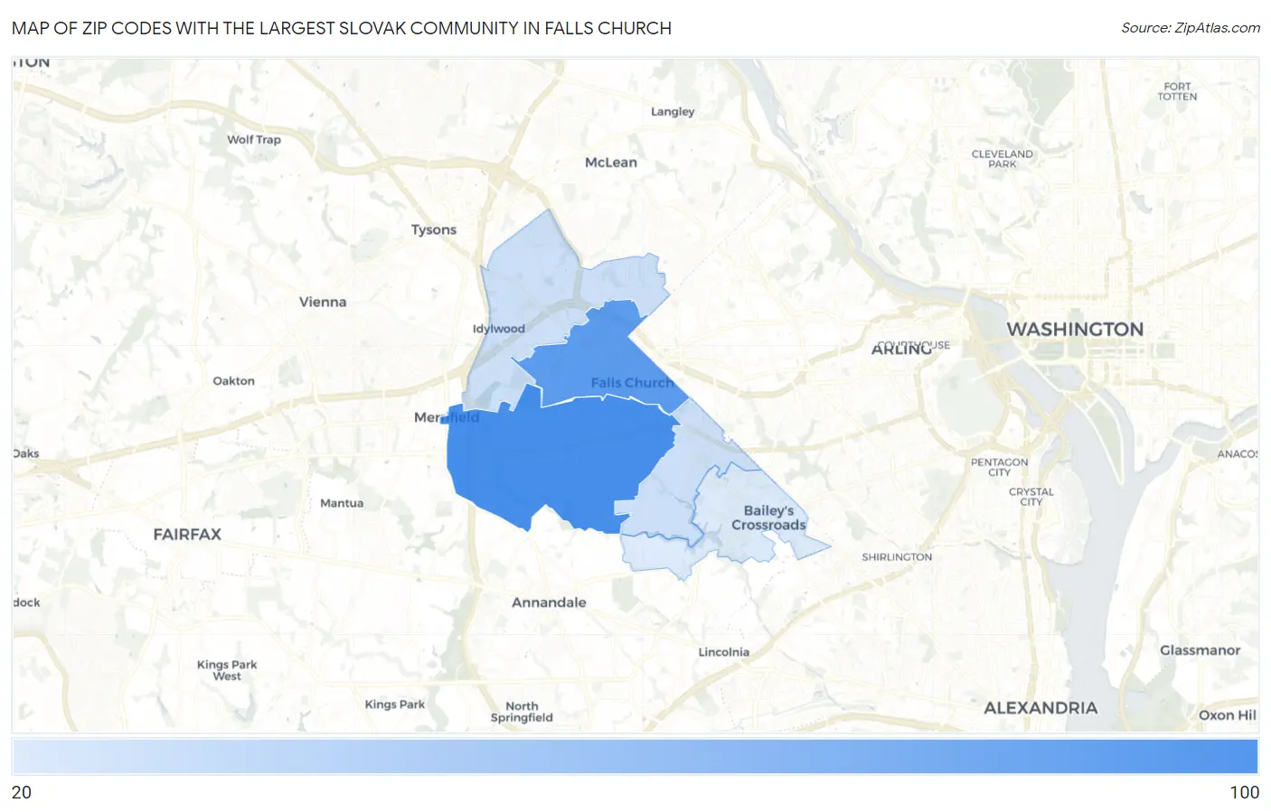 Zip Codes with the Largest Slovak Community in Falls Church Map