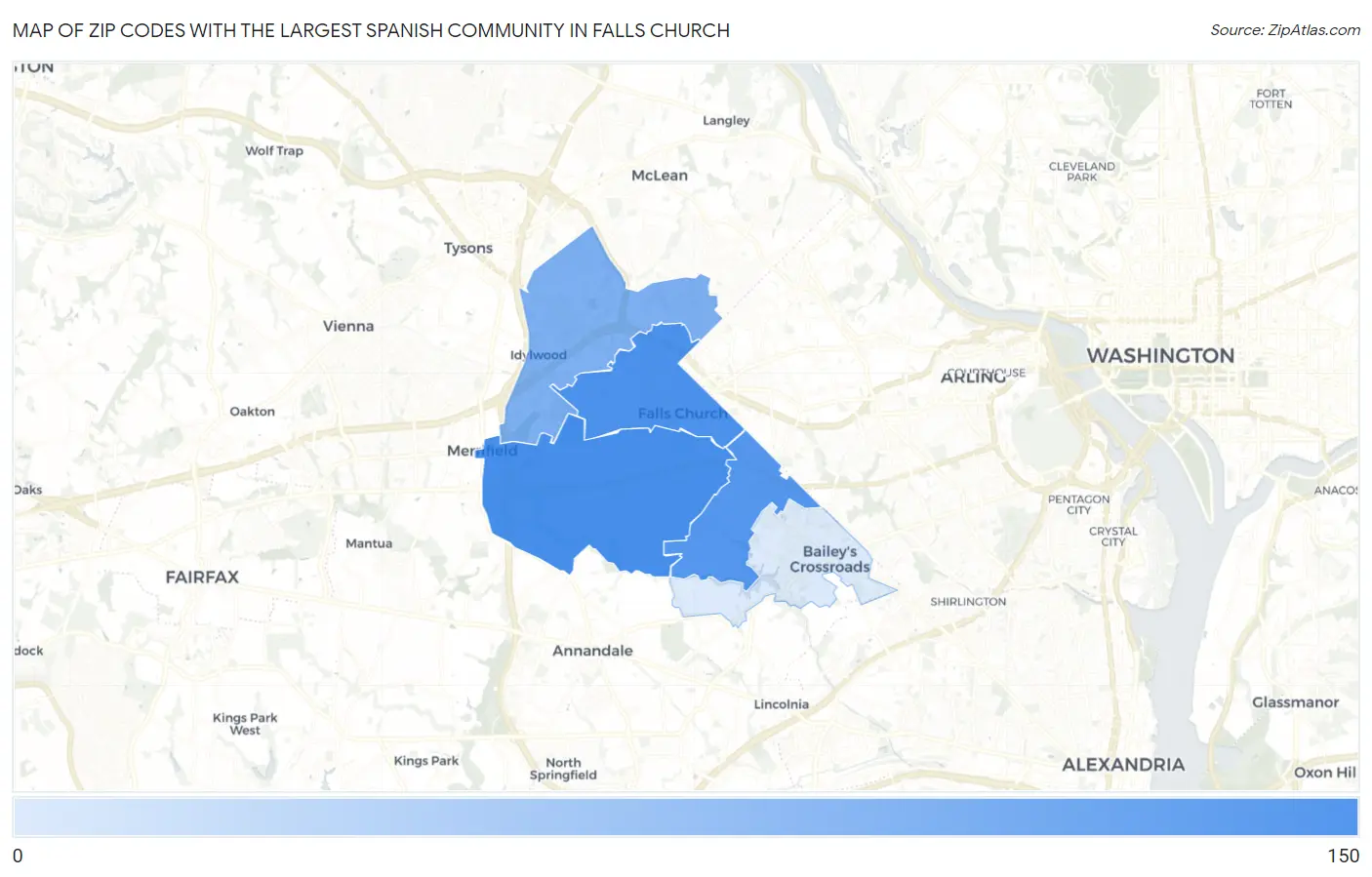 Zip Codes with the Largest Spanish Community in Falls Church Map