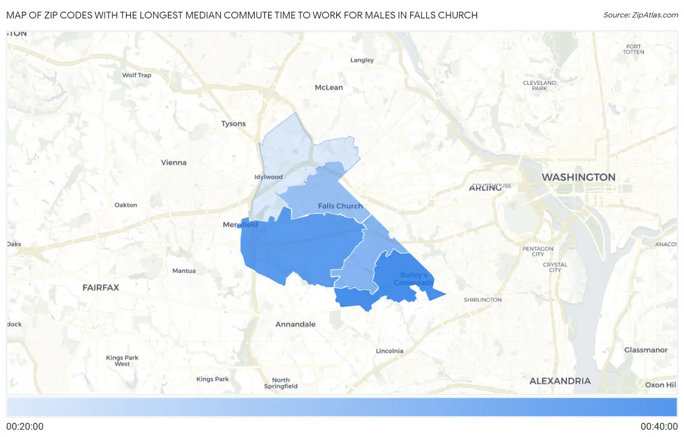 Zip Codes with the Longest Median Commute Time to Work for Males in Falls Church Map