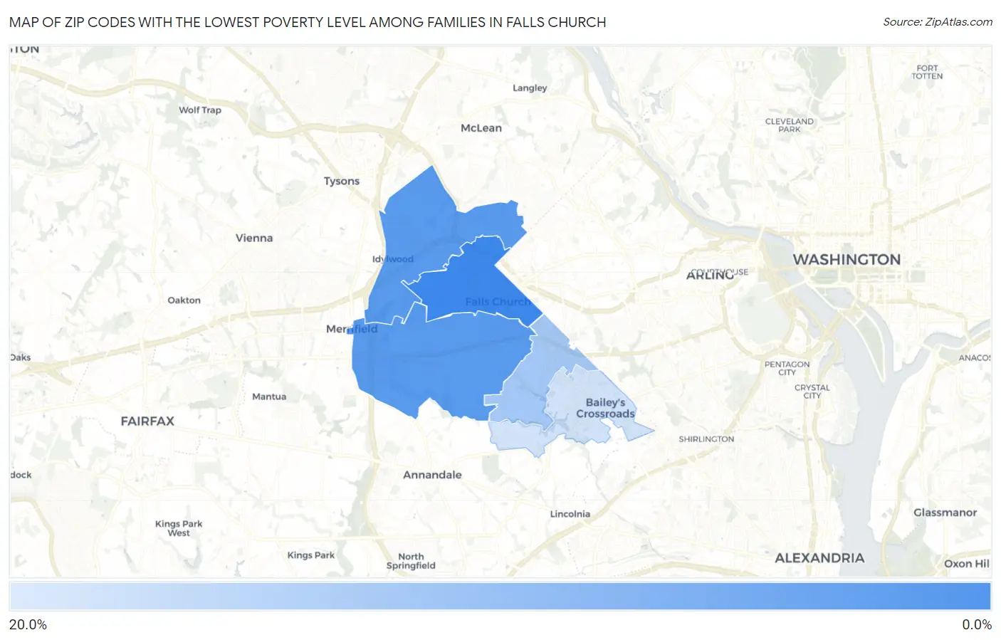 Zip Codes with the Lowest Poverty Level Among Families in Falls Church Map
