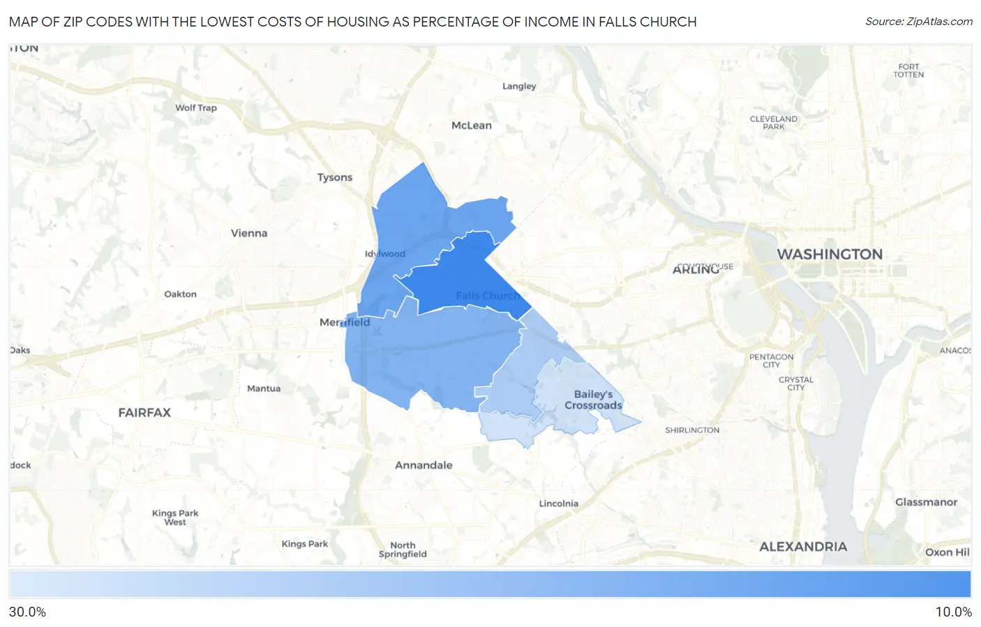 Zip Codes with the Lowest Costs of Housing as Percentage of Income in Falls Church Map