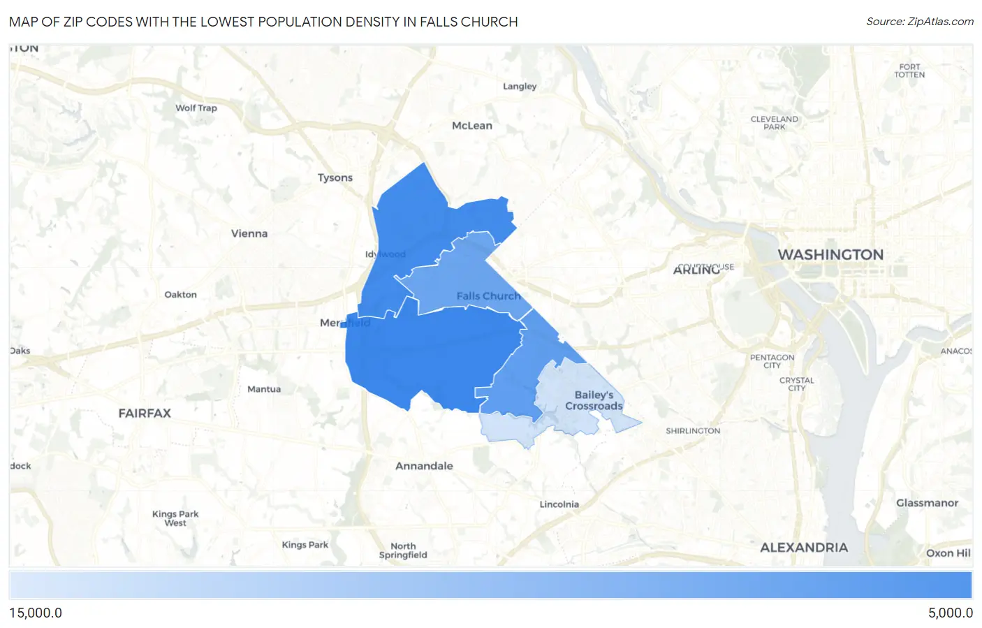 Zip Codes with the Lowest Population Density in Falls Church Map